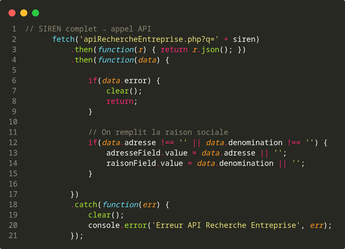 Code JavaScript pour le fetch vers le proxy PHP